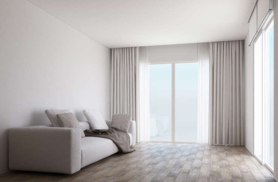 White living room with wooden floor and slide door with curtain. 3d render